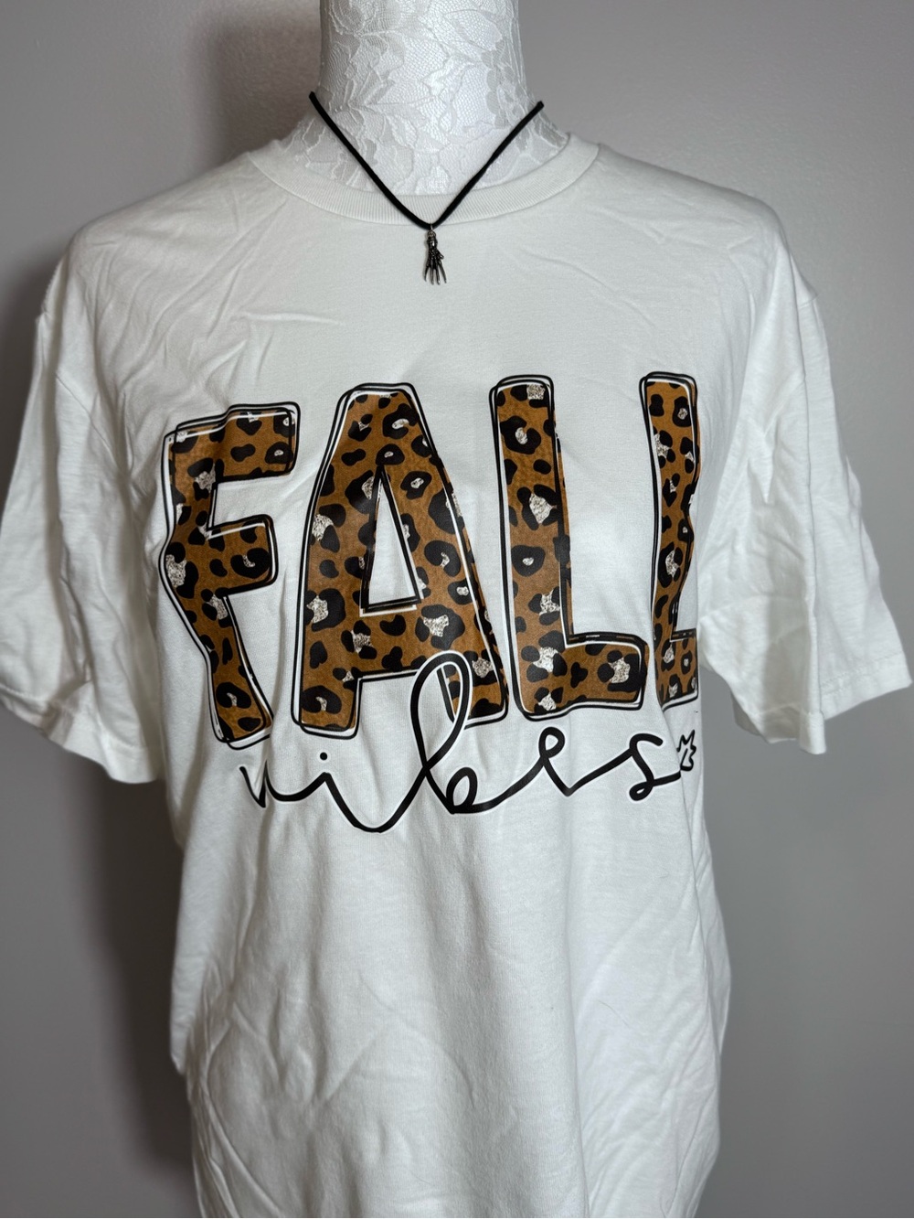 White womens "FALL Vibes" Graphic Tee with Leopard Print